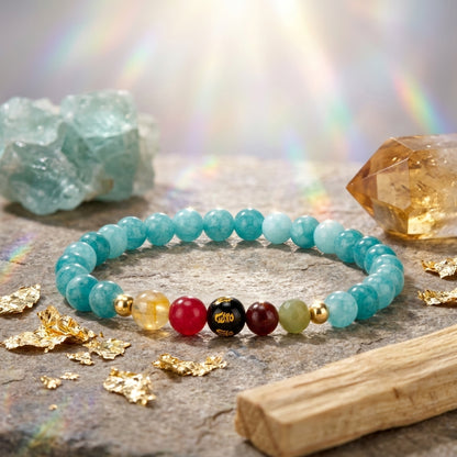 Aquamarine Mega Peace Lucky 7 Gemstone Bracelet With REAL Gold