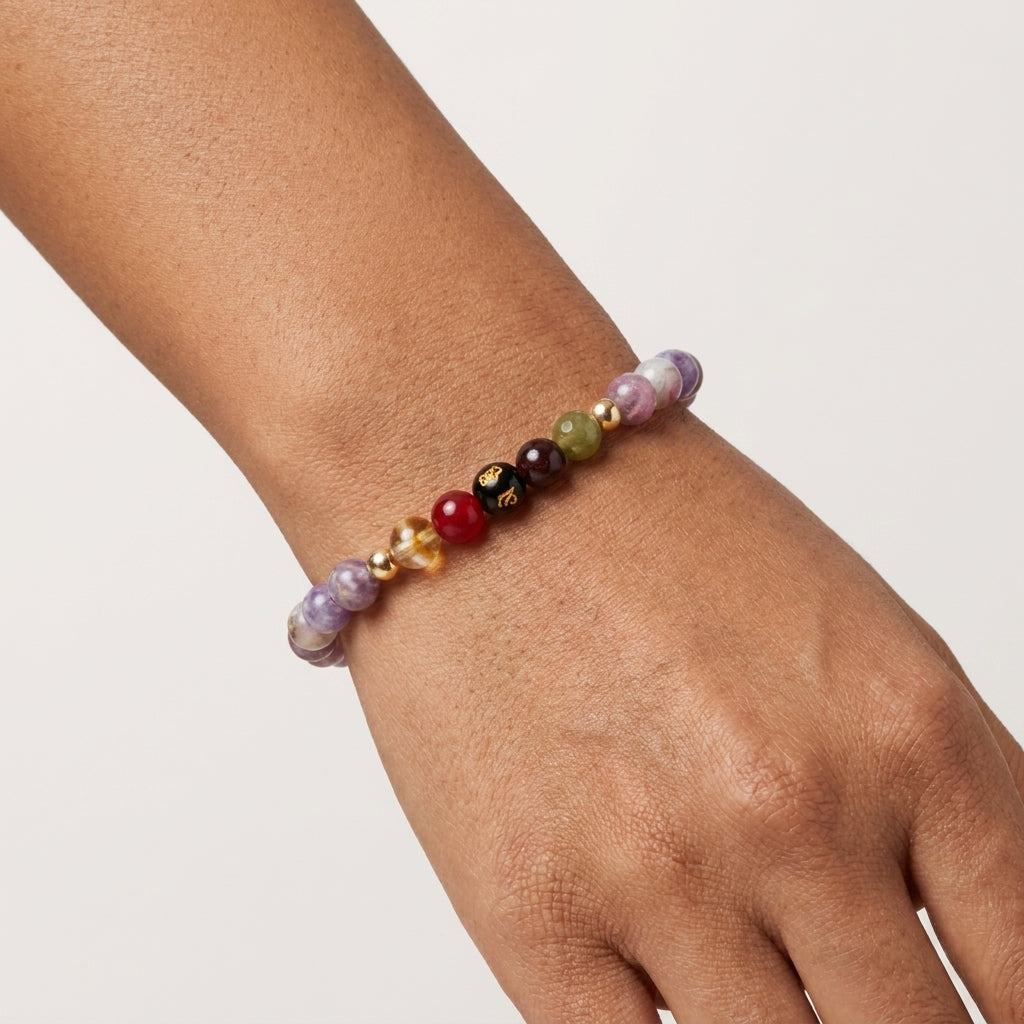 Pink Tourmaline Mega Destiny Lucky 7 Gemstone Bracelet With REAL Gold