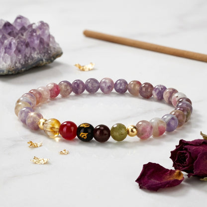 Pink Tourmaline Mega Destiny Lucky 7 Gemstone Bracelet With REAL Gold