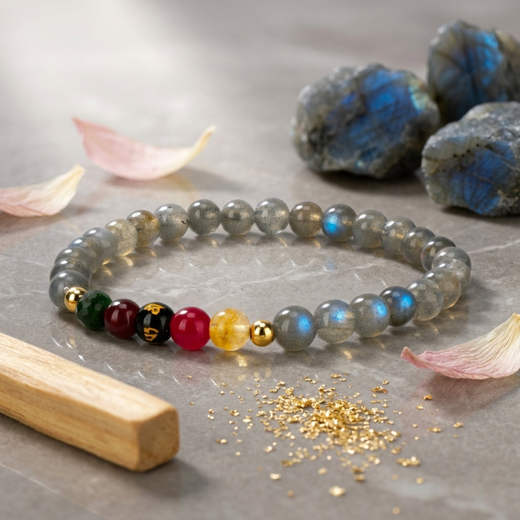 Labradorite Mega Psychic Lucky 7 Gemstone Bracelet With REAL Gold