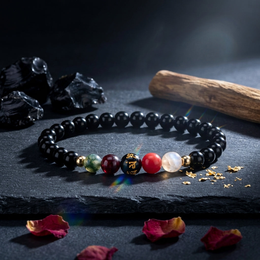 Obsidian Mega Protection Lucky 7 Gemstone Bracelet With REAL Gold