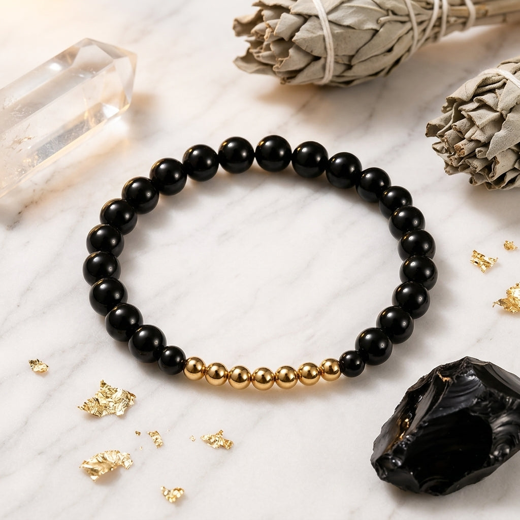 Black Obsidian Lions Gate 8/8 Protection Bracelet with REAL Gold