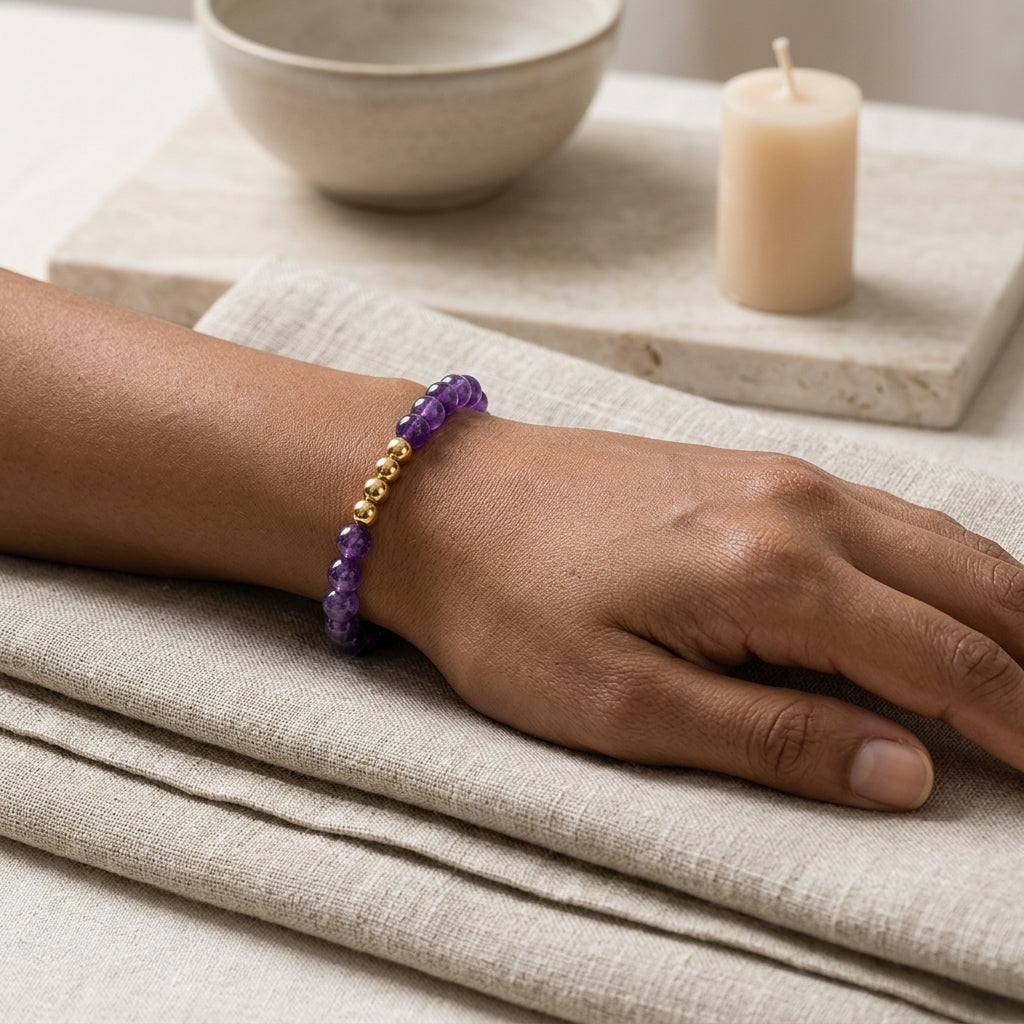 Amethyst Lions Gate 8/8 Stress Relief Bracelet with REAL Gold