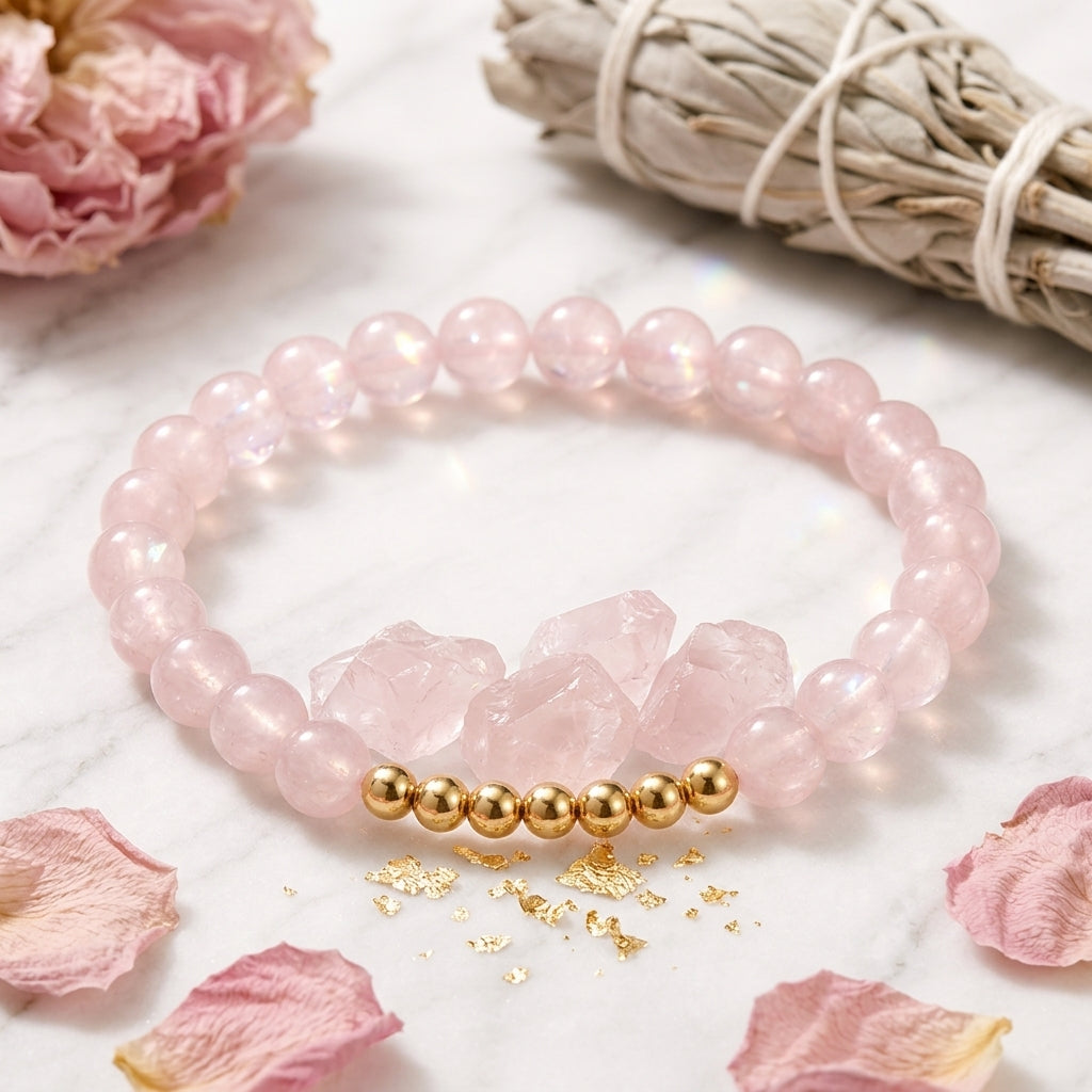 Rose Quartz Lions Gate 8/8 Romance Bracelet with REAL Gold