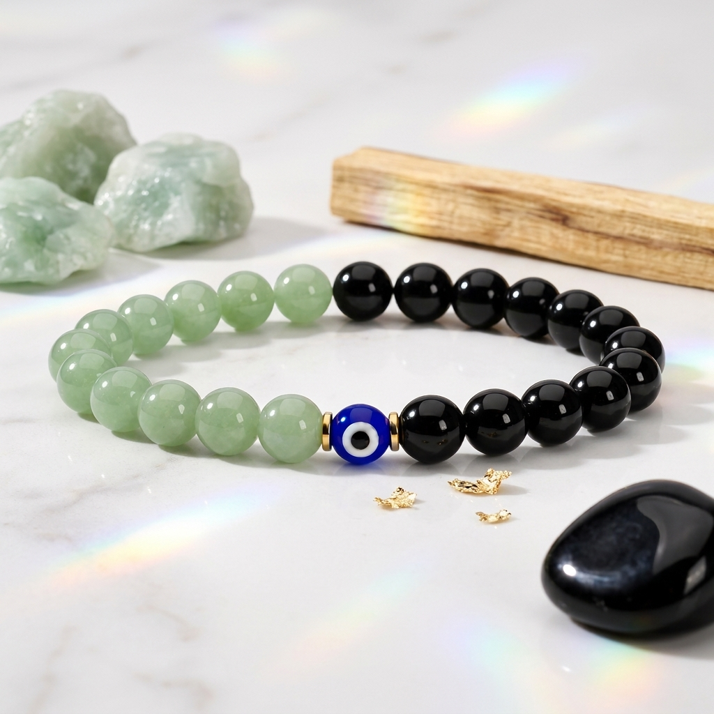 Eclipse Wealth Shield Black Obsidian and Jade Bracelet