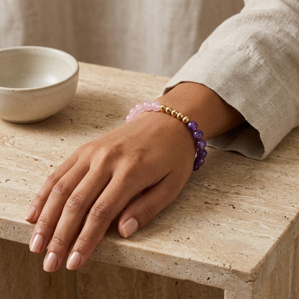 Goddess Energy Bracelet With REAL Gold Rose Quartz and Amethyst