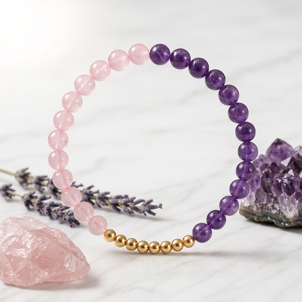 Goddess Energy Bracelet With REAL Gold Rose Quartz and Amethyst
