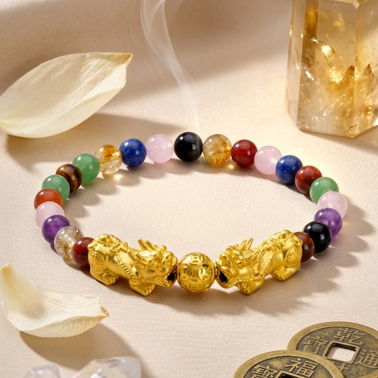 The Pixiu of Fortune and Success Multi Gemstone Bracelet