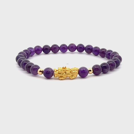 Grade AA Amethyst Unlimited Prosperity 18K Gold Vermeil Pixiu Feng Shui Bracelet