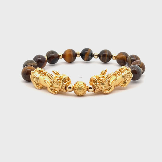 Forever Fortune 18K Gold Vermeil Double Pixiu Tigers Eye Bracelet