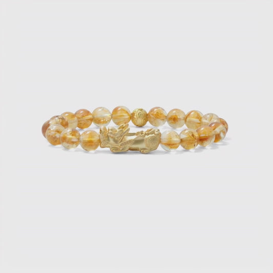 Natural Citrine Fortune 18k Gold Vermeil Pixiu Feng Shui Bracelet