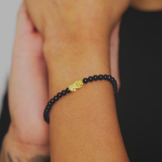 Energized Black Obsidian 18k REAL Gold Feng Shui Pixiu Bracelet