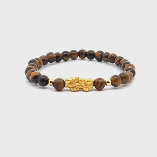 Tigers Eye Unlimited Prosperity 18K Gold Vermeil Pixiu Feng Shui Bracelet
