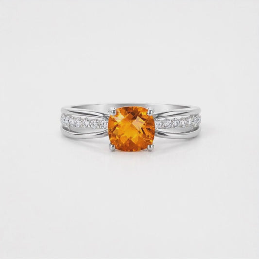 Natural Citrine 14k White Gold Ring With Real Diamonds