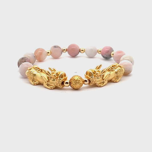 Forever Fortune 18K Gold Vermeil Double Pixiu Pink Opal Bracelet