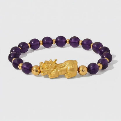 Amethyst Grade AA Infinite Fortune 18k Gold Vermeil Pixiu Feng Shui Bracelet