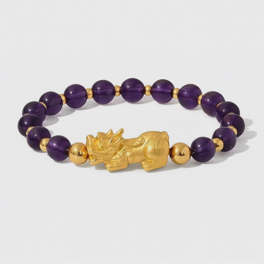 Amethyst Grade AA Infinite Fortune 18k Gold Vermeil Pixiu Feng Shui Bracelet