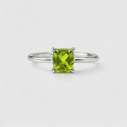 Square Natural Green Peridot Sterling Silver Classic Ring