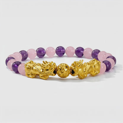 Money Attracting Citrine and Black Obsidian Double Pixiu Bracelet