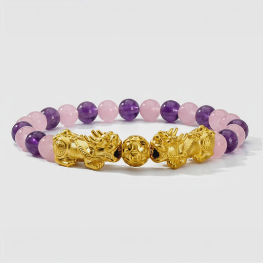 Money Attracting Citrine and Black Obsidian Double Pixiu Bracelet