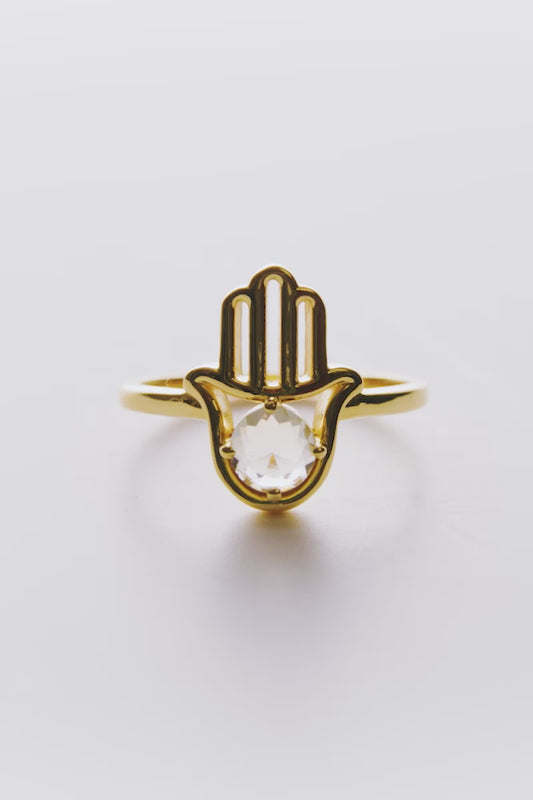 Genuine Libyan Desert Glass Hamsa 18k Gold Vermeil Ring