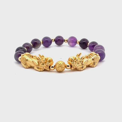 Forever Fortune 18K Gold Vermeil Double Pixiu Grade AA Amethyst Bracelet