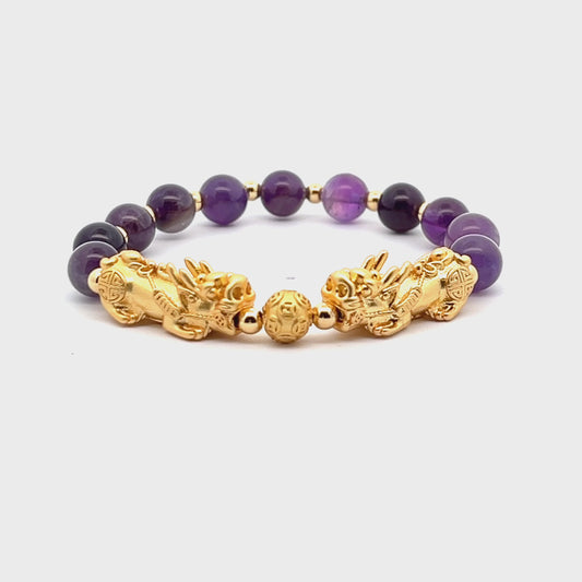 Forever Fortune 18K Gold Vermeil Double Pixiu Grade AA Amethyst Bracelet