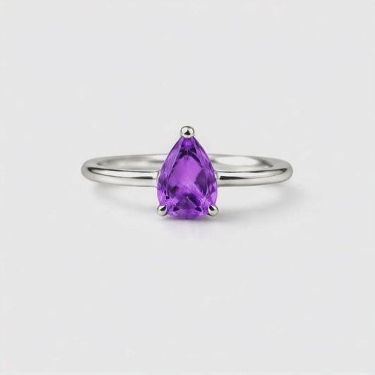 Teardrop Natural Amethyst Sterling Silver Classic Ring