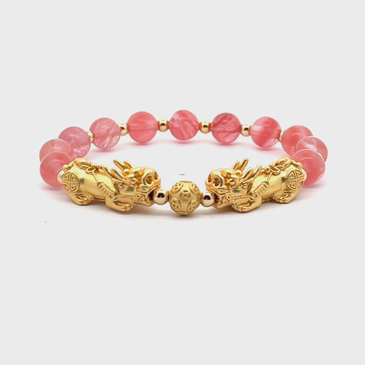 Forever Fortune 18K Gold Vermeil Double Pixiu Cherry Quartz Bracelet