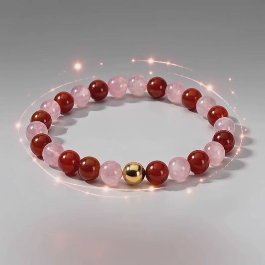 Rose Quartz and Carnelian Crystal Beaded Bracelet With Real Gold - Reconciliation