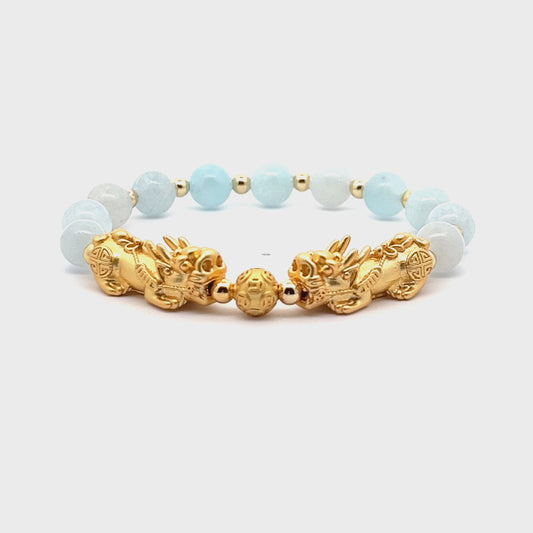 Forever Fortune 18K Gold Vermeil Double Pixiu Aquamarine Bracelet