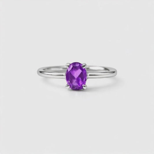 Oval Natural Amethyst Sterling Silver Classic Ring
