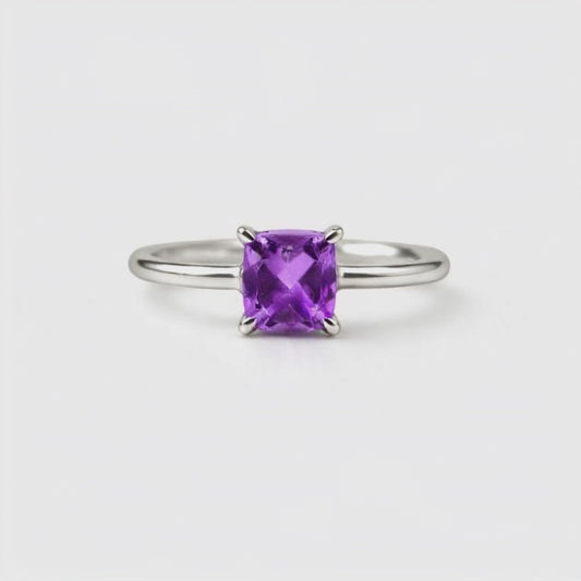 Square Natural Amethyst Sterling Silver Classic Ring
