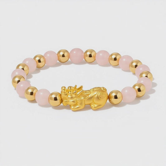 Rose Quartz Infinite Fortune 18k Gold Vermei Pixiu Feng Shui Bracelet