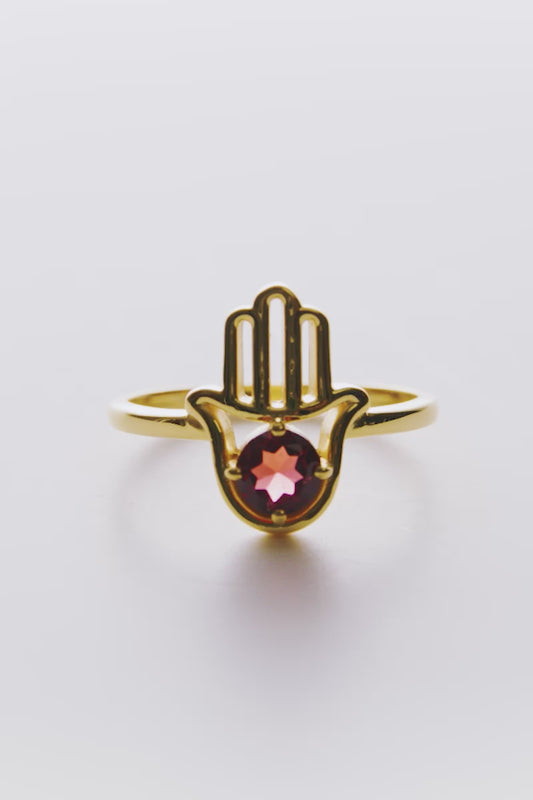 Genuine Garnet Hamsa 18k Gold Vermeil Ring