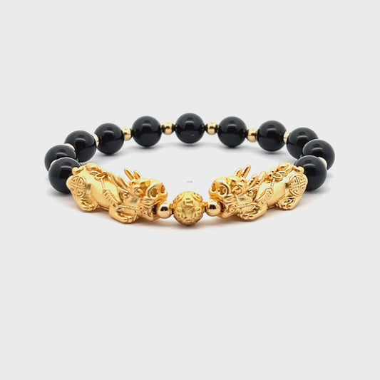 Forever Fortune 18K Gold Vermeil Double Pixiu Black Obsidian Bracelet