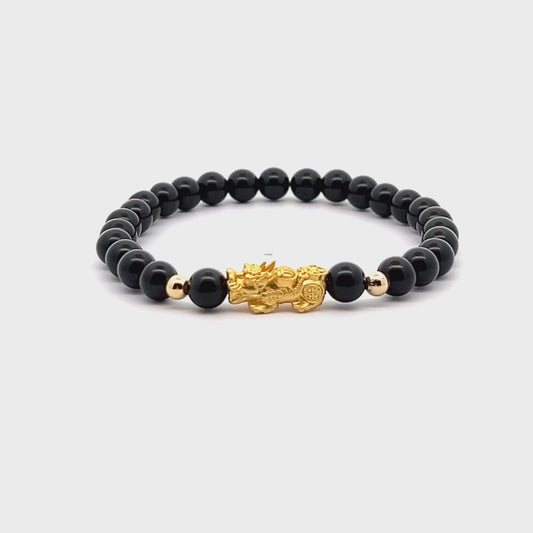 Black Obsidian Unlimited Prosperity 18K Gold Vermeil Pixiu Feng Shui Bracelet