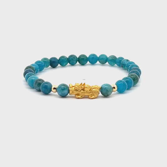 Blue Apatite Unlimited Prosperity 18K Gold Vermeil Pixiu Feng Shui Bracelet