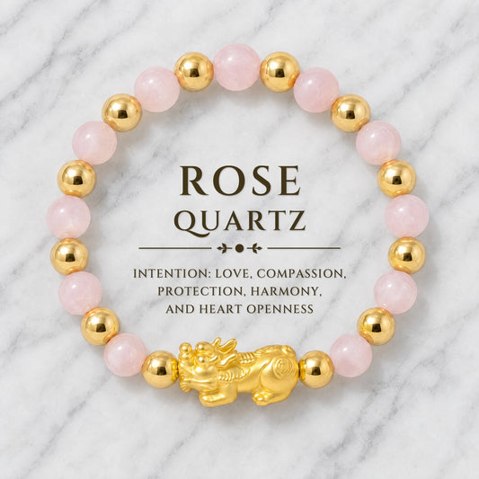 Rose Quartz Infinite Fortune 18k Gold Vermei Pixiu Feng Shui Bracelet