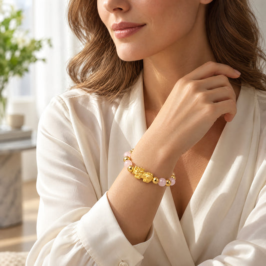 Rose Quartz Infinite Fortune 18k Gold Vermei Pixiu Feng Shui Bracelet