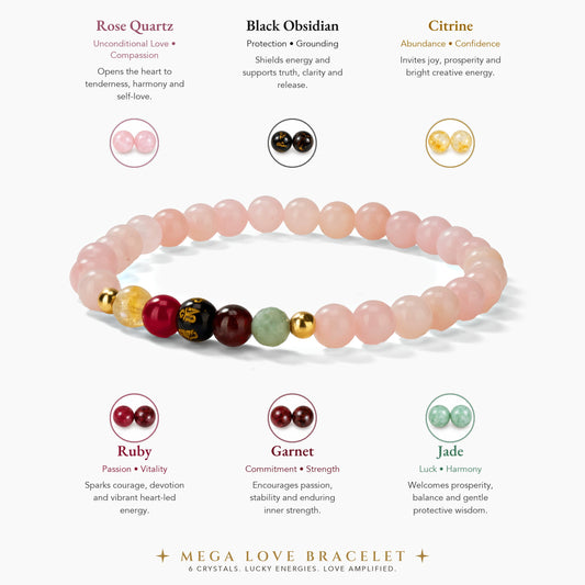 Rose Quartz Mega Love Lucky 7 Gemstone Bracelet With REAL Gold