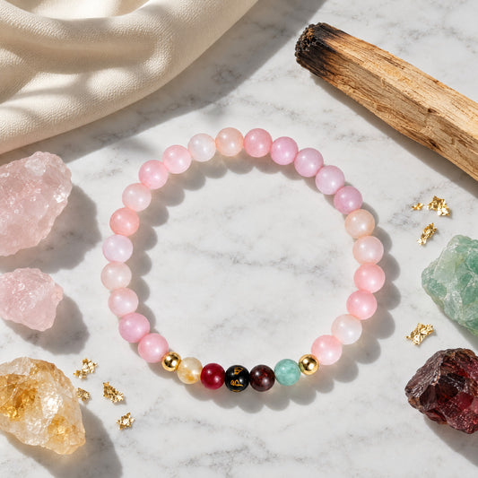 Rose Quartz Mega Love Lucky 7 Gemstone Bracelet With REAL Gold