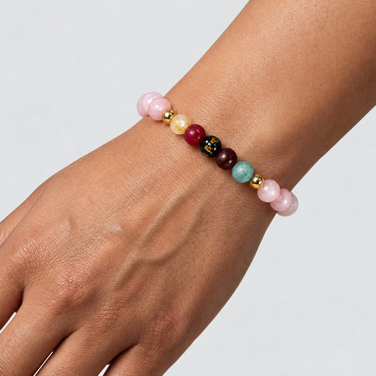 Rose Quartz Mega Love Lucky 7 Gemstone Bracelet With REAL Gold