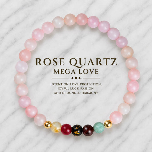 Rose Quartz Mega Love Lucky 7 Gemstone Bracelet With REAL Gold