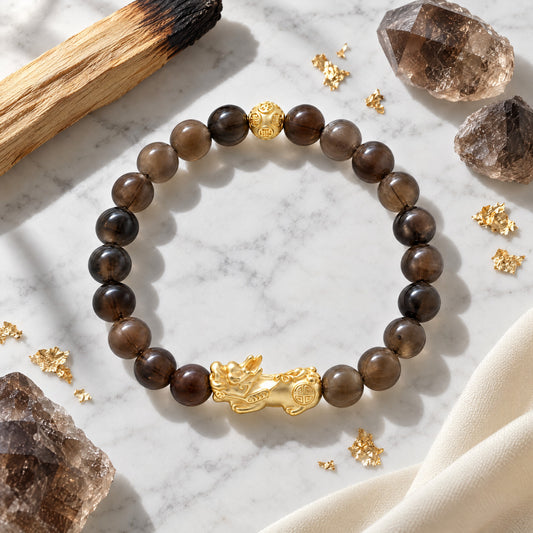 Smoky Quartz Feng Shui Lucky Pixiu Grounding & Wealth Bracelet