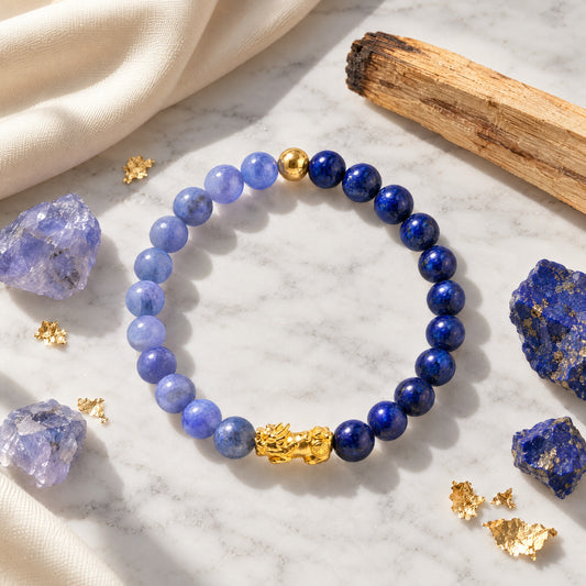 Tanzanite and Lapis Lazuli Eclipse 18k Pixiu Bracelet - Luck