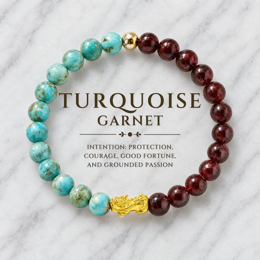 Turquoise and Garnet Eclipse 18k Pixiu Bracelet - Success