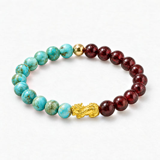 Turquoise and Garnet Eclipse 18k Pixiu Bracelet - Success