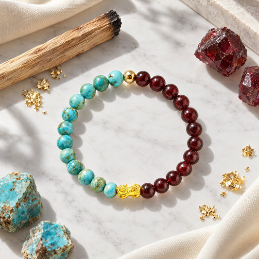 Turquoise and Garnet Eclipse 18k Pixiu Bracelet - Success