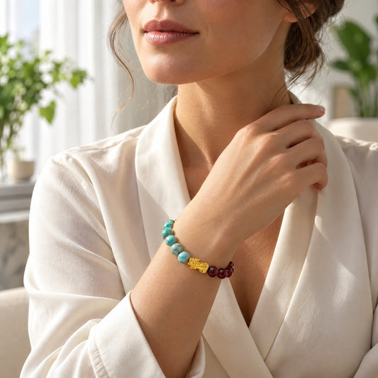 Turquoise and Garnet Eclipse 18k Pixiu Bracelet - Success